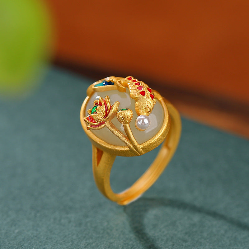 S925 sterling silver gold-plated Hetian jade good luck koi lotus ring  Vintage lotus carp open ring