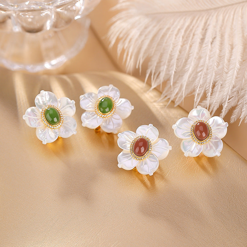 S925 sterling silver gold-plated Hetian Jasper South Red Shell Sunflower Earrings  Light Luxury Fashion Silver Earrings