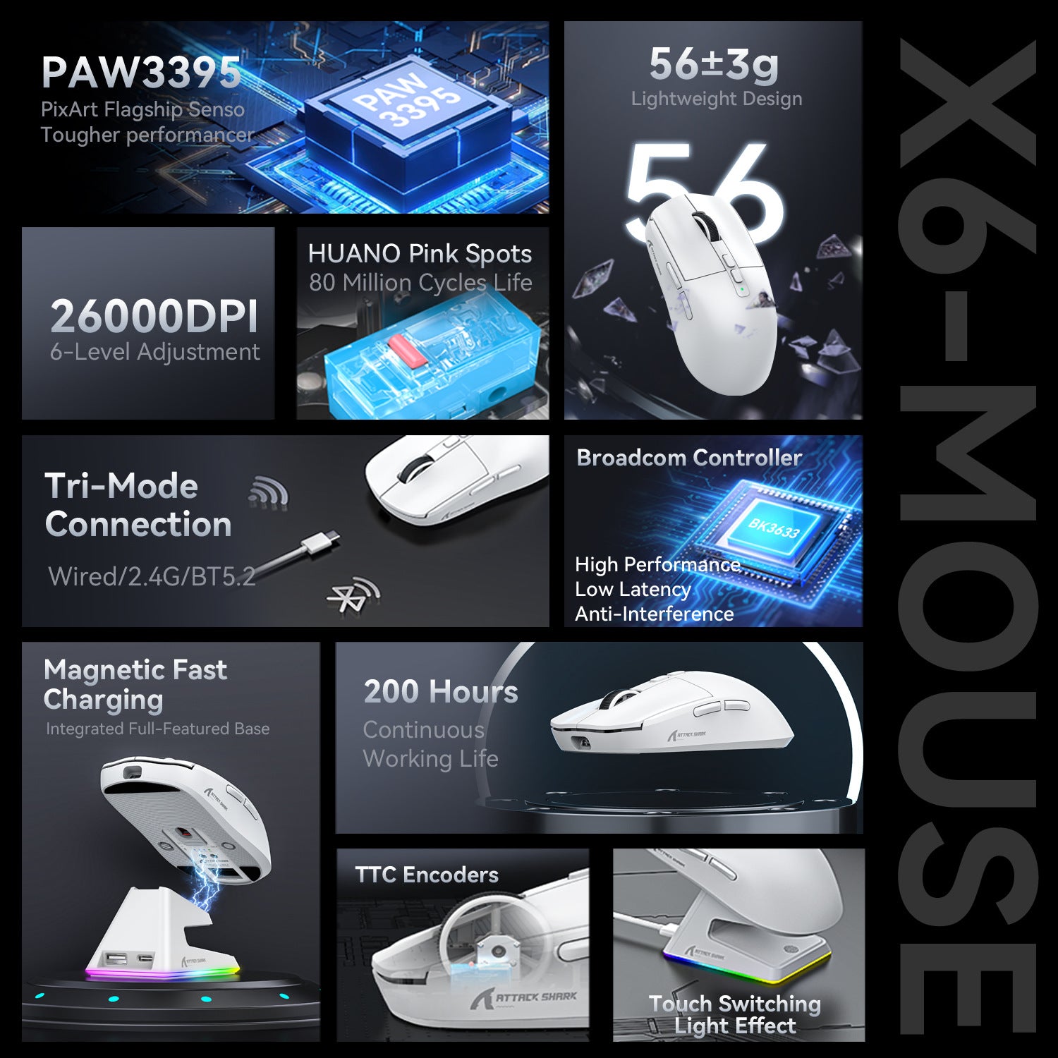 Attack Shark X6 Mouse - Lightweight PAW3395 Gaming Mouse, Triple-Mode Wireless and Bluetooth, with RGB Charging Base