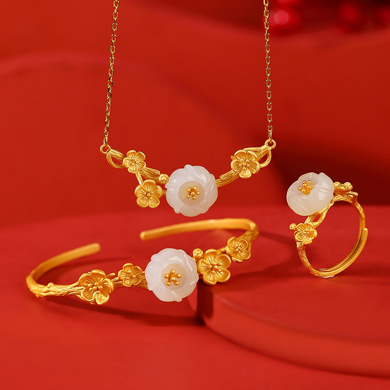 S925 Sterling Silver Gold-Plated Hetian Jade Plum Blossom Jewelry Set - Necklace, Bracelet, and Ring