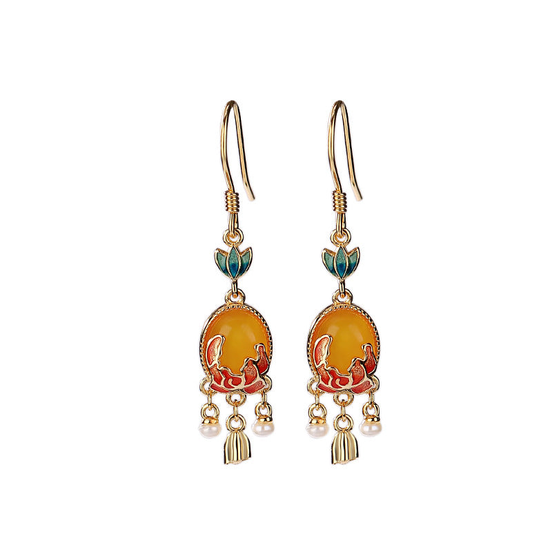 S925 sterling silver gold-plated beeswax cloisonne enamel pearl bud earrings retro national tide style