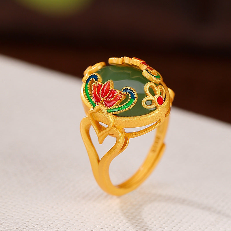 S925 sterling silver gold-plated Hetian Jasper Cloisonne Lotus Ring with adjustable opening