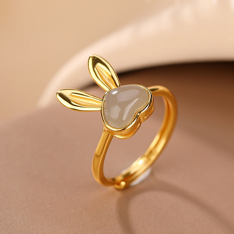 S925 sterling silver gold-plated Hetian jade smoky purple jade love rabbit ring Temperament cute soft ring