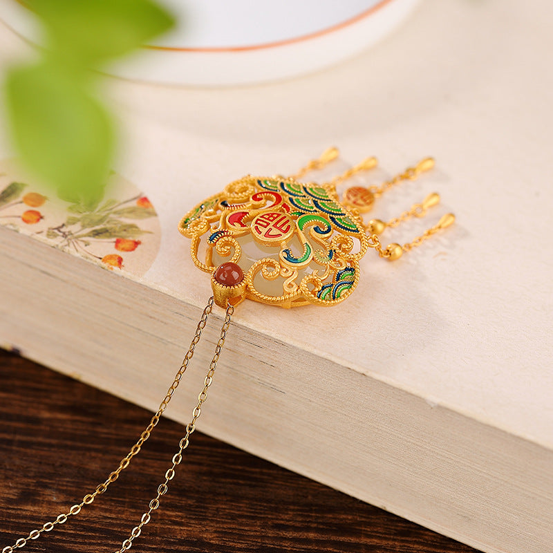 S925 sterling silver gold-plated Hetian jade national trend auspicious cloud Ruyi Fu word tassel pendant Retro pendant