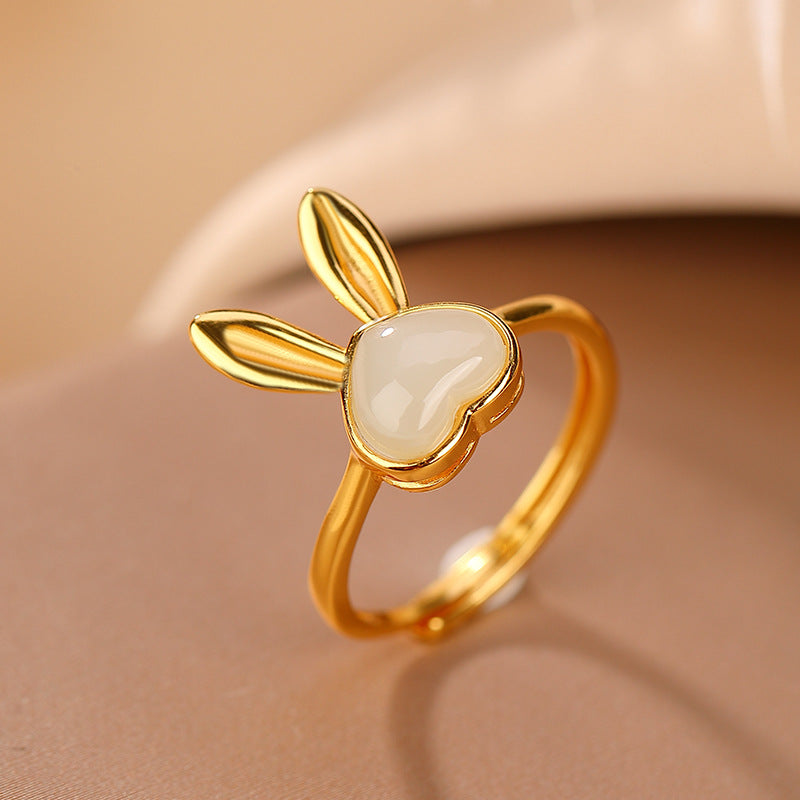 S925 sterling silver gold-plated Hetian jade smoky purple jade love rabbit ring Temperament cute soft ring