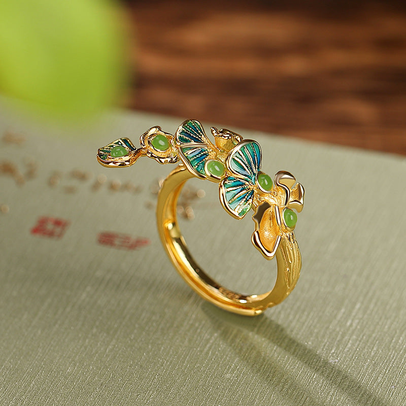 S925 sterling silver gold-plated Hetian jade jasper cloisonne ginkgo leaf ring National trend fashion elegant ring