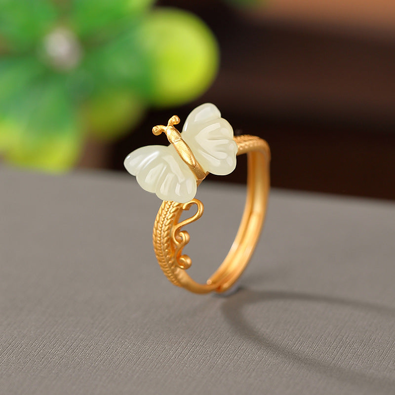 S925 sterling silver and gold-plated Hetian jade butterfly ring