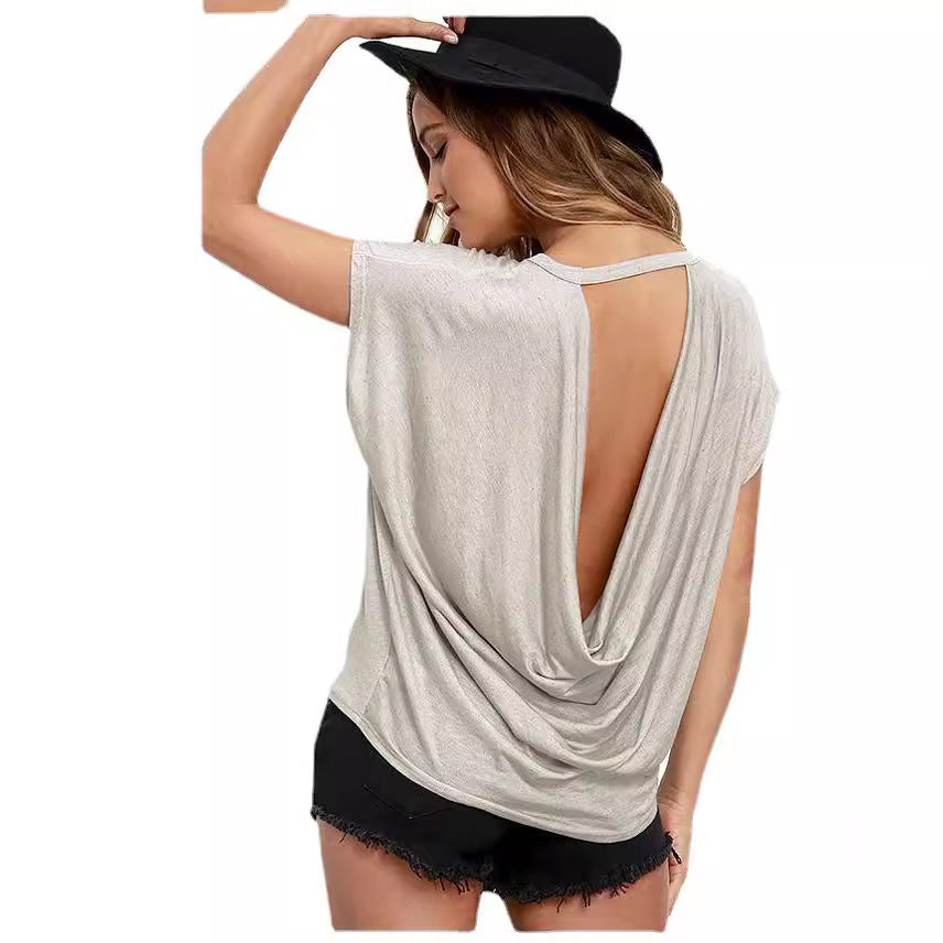 Solid Color Backless T-Shirt for Women - Chic European and American Fashion