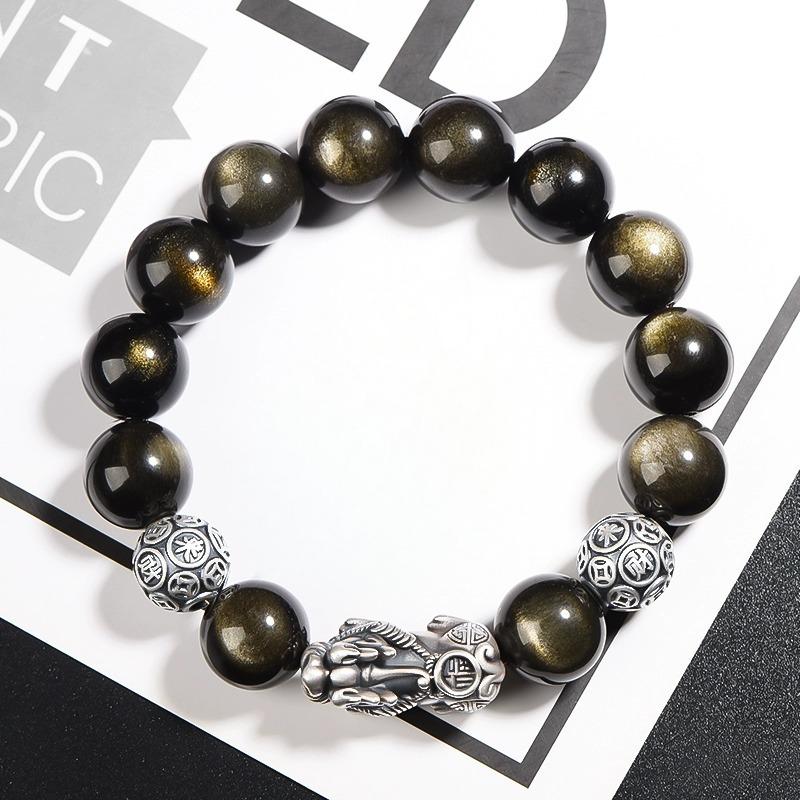 S999 sterling silver Pixiu natural obsidian bracelet