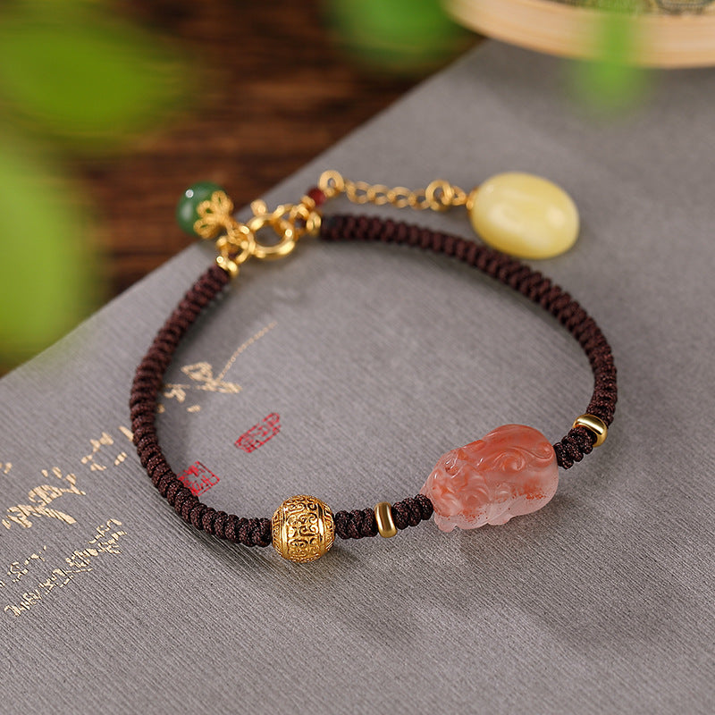 925 Sterling Silver Nanhong Amber Feng Shui Pi Xiu Handmade Braided Bracelet