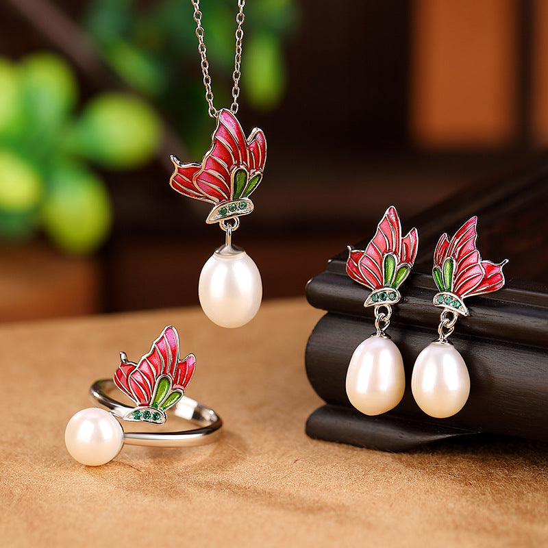 S925 sterling silver pearl butterfly design temperament set  Chinese elegant retro rings, earrings, necklaces