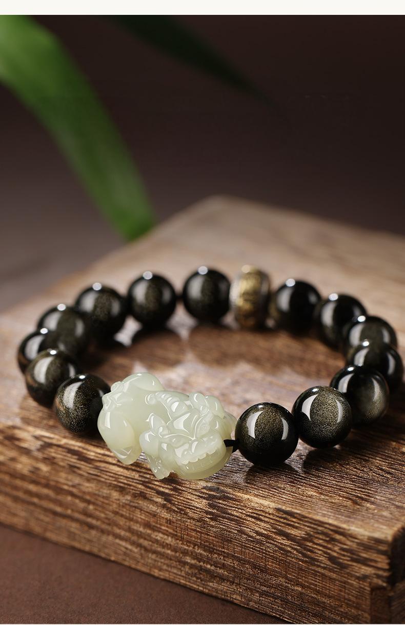 925silver Hetian Jade Obsidian Pixiu Six-Character Mantra Fortune-Teleporting Beads