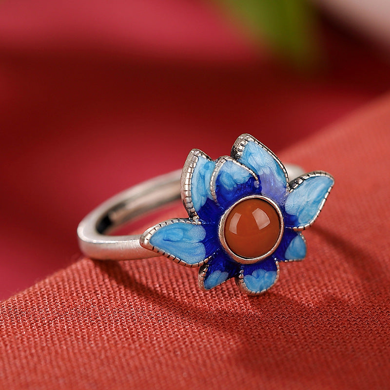 S925 sterling silver Nanhong cloisonne vintage lotus ring  Guochao enamel personality open ring