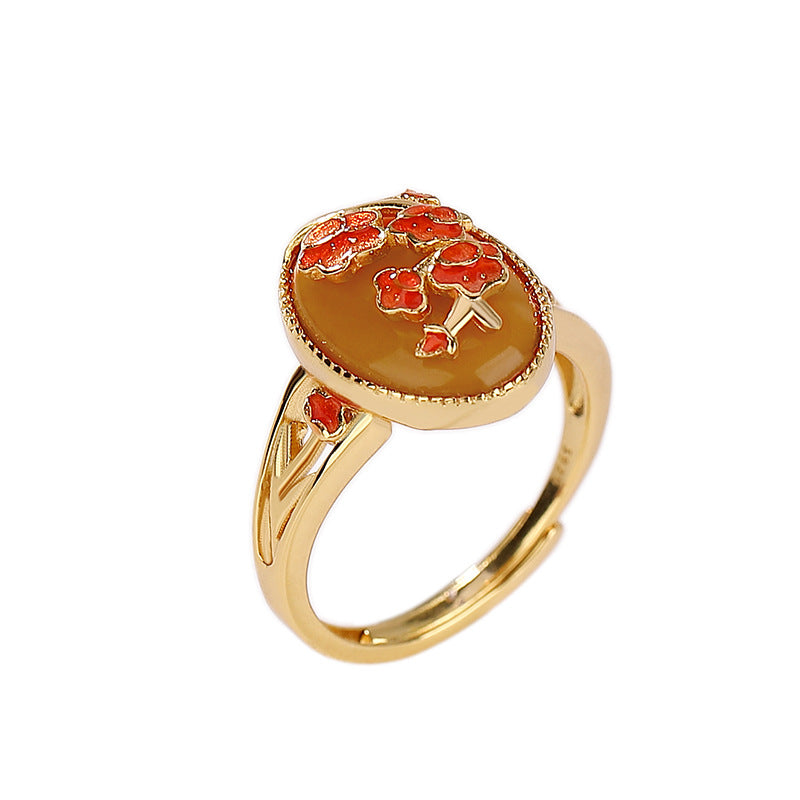 S925 sterling silver gold-plated beeswax enamel peach blossom hollow ring