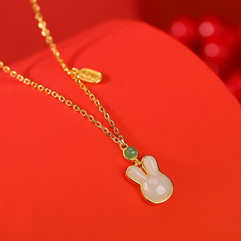 S925 sterling silver gold-plated Hetian Jasper zodiac year jade rabbit peace and happiness brand necklace