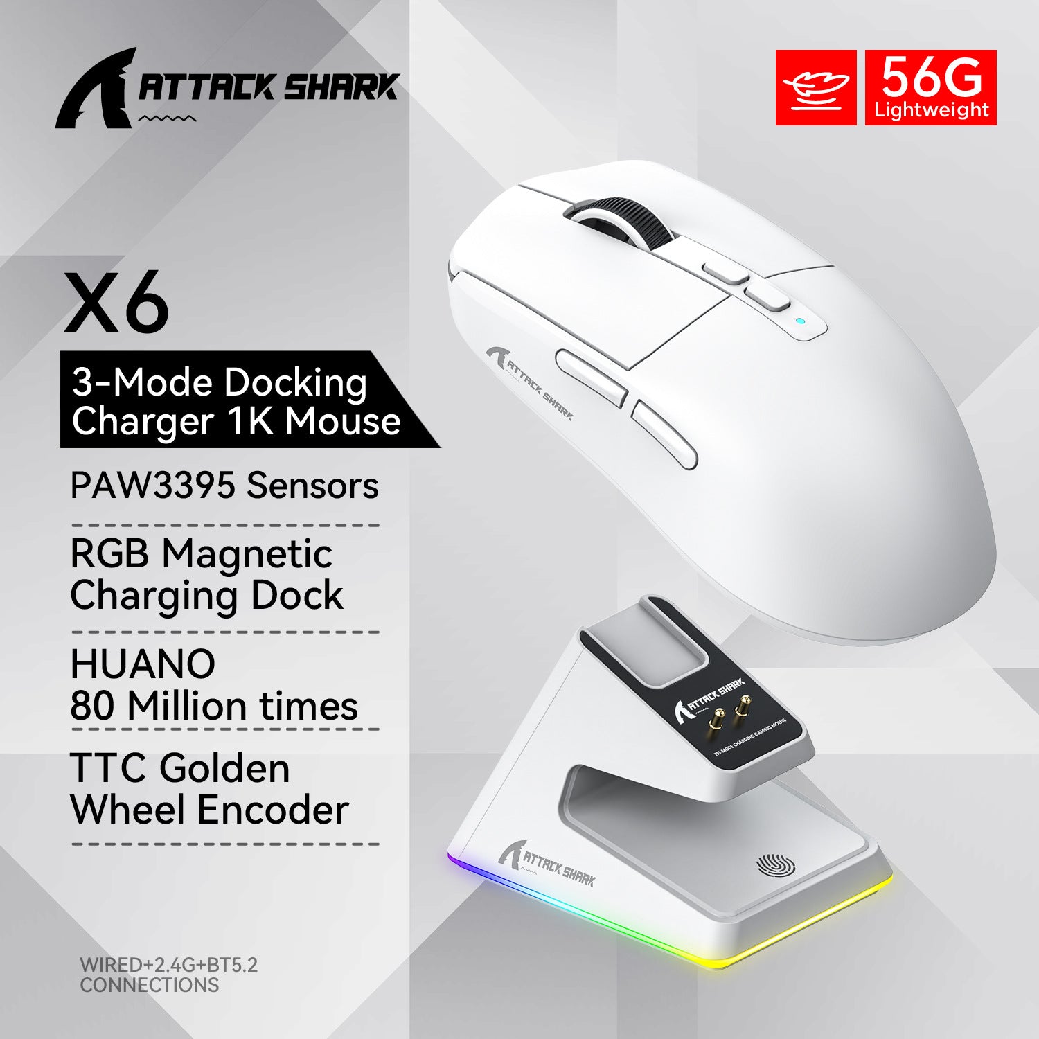 Attack Shark X6 Mouse - Lightweight PAW3395 Gaming Mouse, Triple-Mode Wireless and Bluetooth, with RGB Charging Base