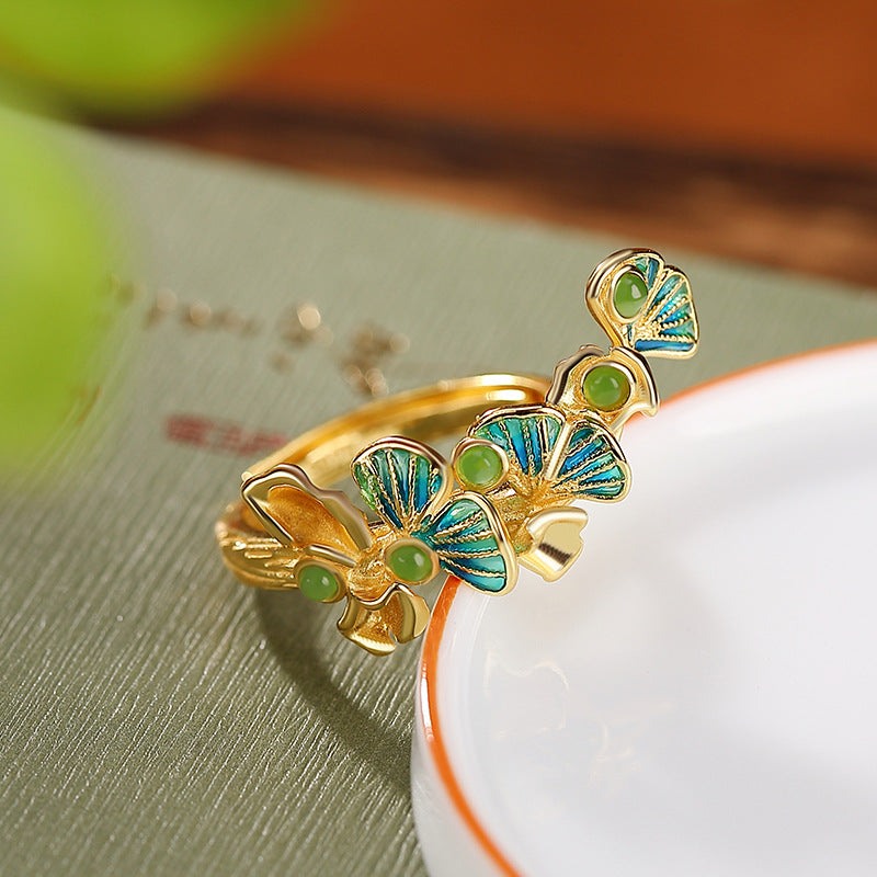 S925 sterling silver gold-plated Hetian jade jasper cloisonne ginkgo leaf ring National trend fashion elegant ring