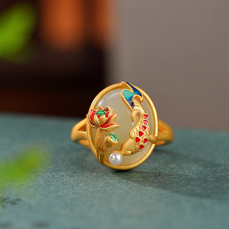 S925 sterling silver gold-plated Hetian jade good luck koi lotus ring  Vintage lotus carp open ring