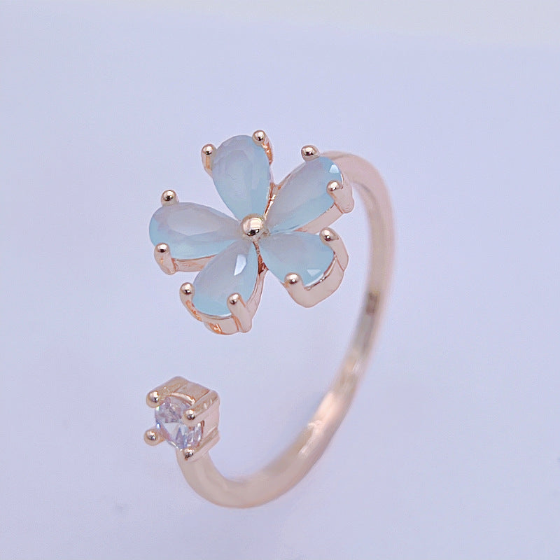 Water-Drop Shaped High-End Handcrafted Zircon Ring - Adjustable Open Heart Flower Design with Red Ruby and Blue Sapphire Accents