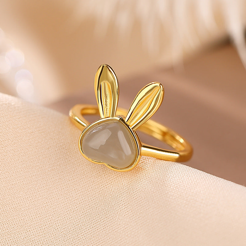 S925 sterling silver gold-plated Hetian jade smoky purple jade love rabbit ring Temperament cute soft ring