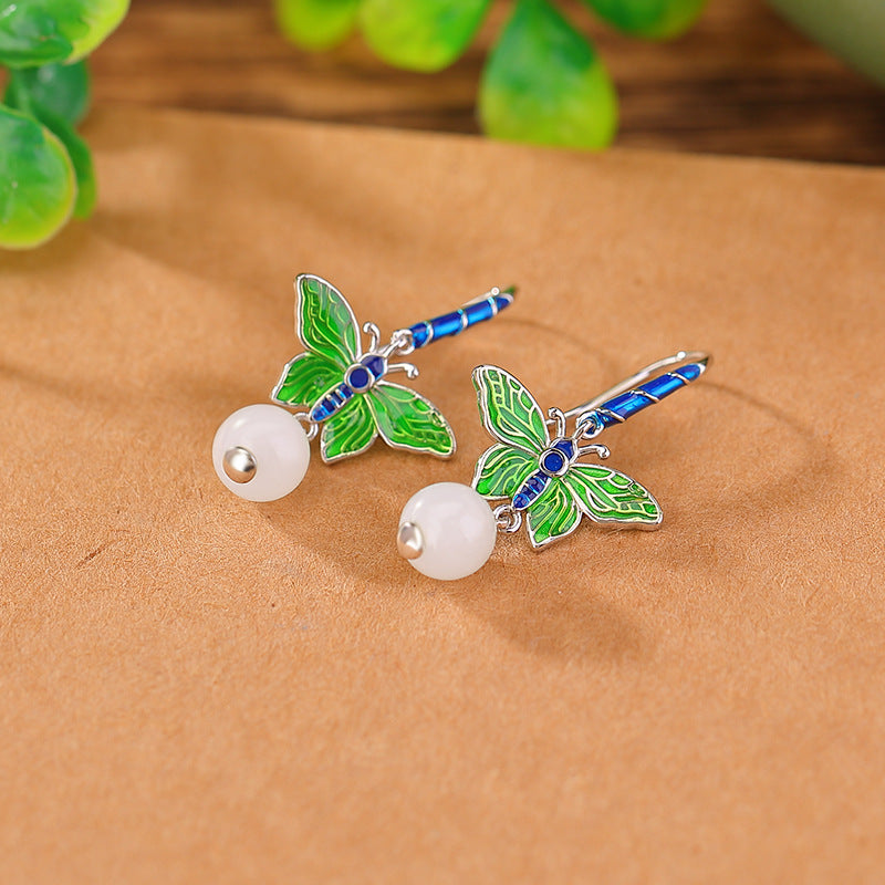 S925 sterling silver Hetian jade white jade cloisonne butterfly round bead earrings  National trend new Chinese style enamel earrings