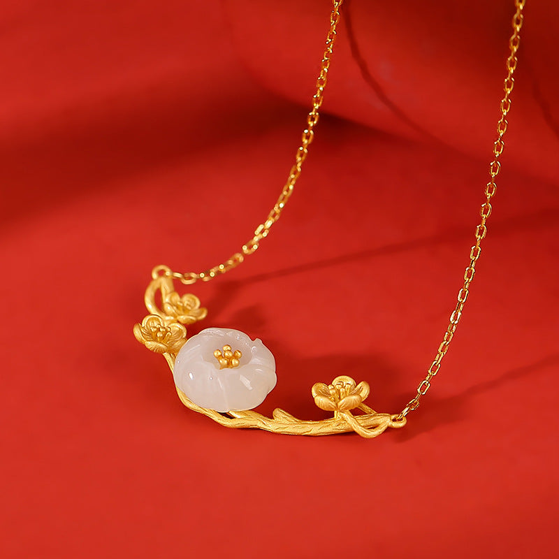 S925 Sterling Silver Gold-Plated Hetian Jade Plum Blossom Jewelry Set - Necklace, Bracelet, and Ring