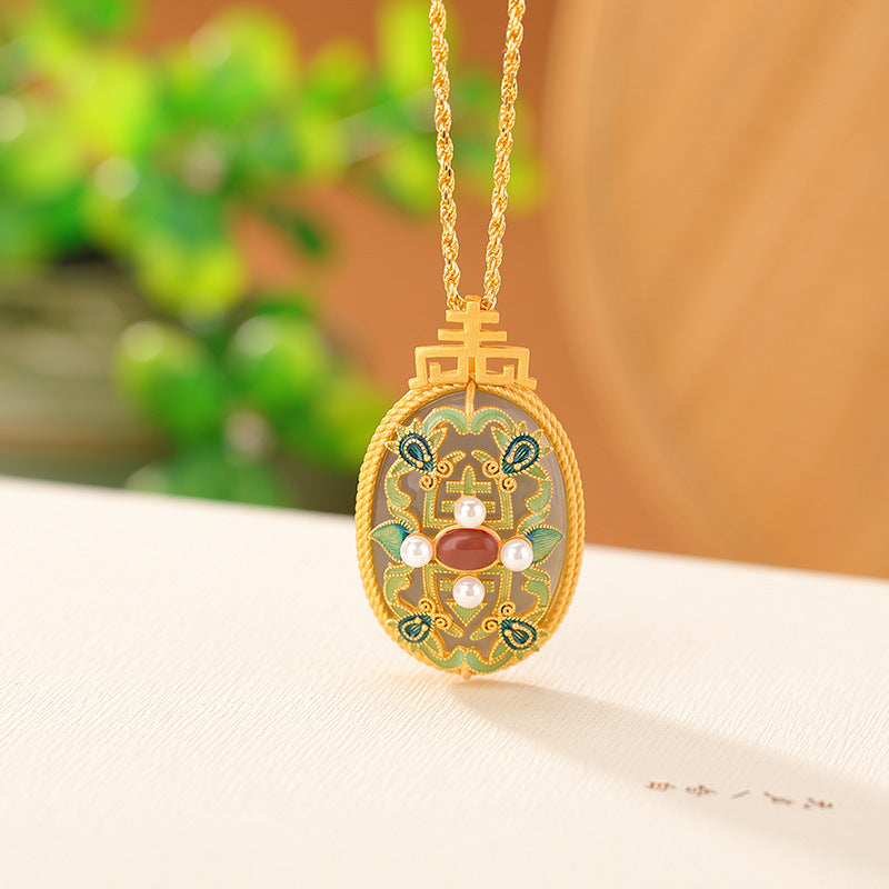 S925 sterling silver gold-plated Nanhong Hetian jade smoky purple jade national tide enamel pendant auspicious pattern egg-shaped silver pendant