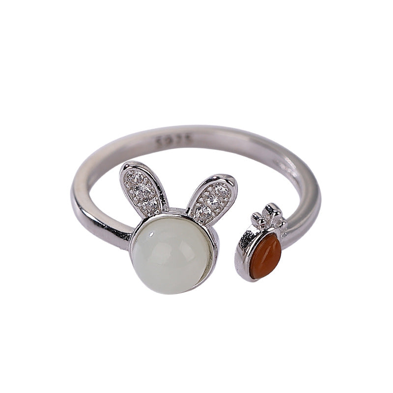 S925 sterling silver and Hetian jade South Red Rabbit open ring cute versatile simple female personality ring, earrings