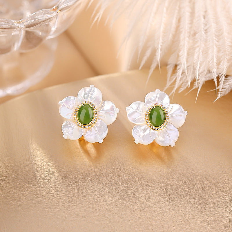 S925 sterling silver gold-plated Hetian Jasper South Red Shell Sunflower Earrings  Light Luxury Fashion Silver Earrings