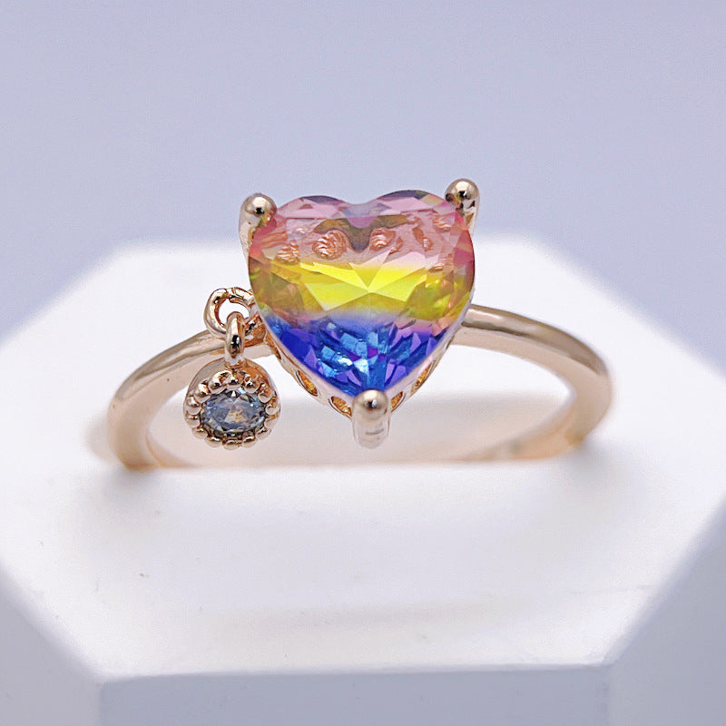 Rainbow Stone Heart Open Ring - Adjustable Finger Ring with Blood Red Gem, Sweet and Unique High-End Design for Women