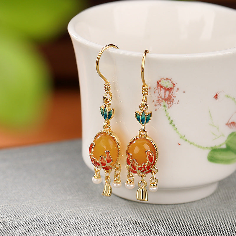 S925 sterling silver gold-plated beeswax cloisonne enamel pearl bud earrings retro national tide style