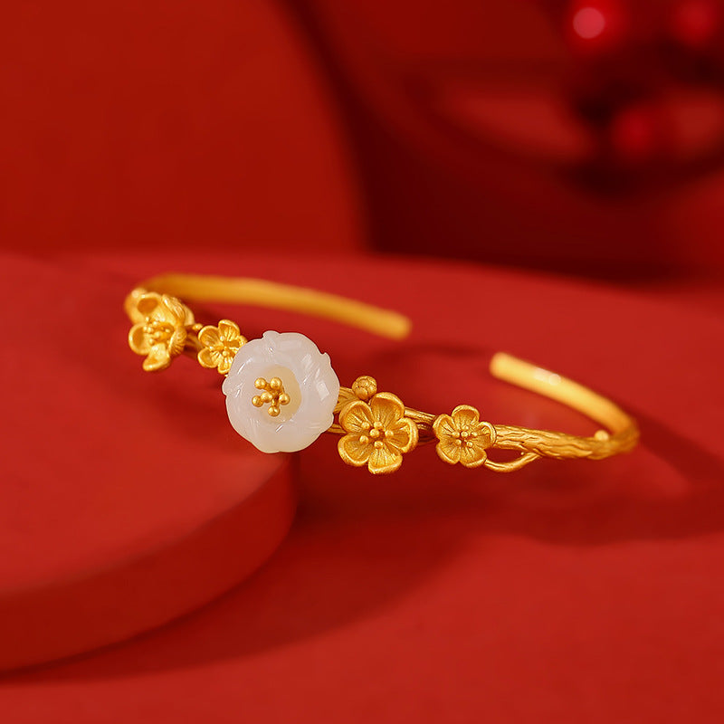 S925 Sterling Silver Gold-Plated Hetian Jade Plum Blossom Jewelry Set - Necklace, Bracelet, and Ring