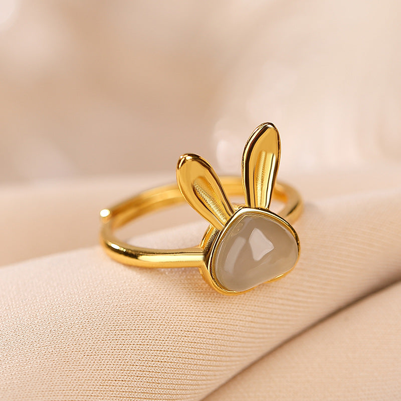 S925 sterling silver gold-plated Hetian jade smoky purple jade love rabbit ring Temperament cute soft ring