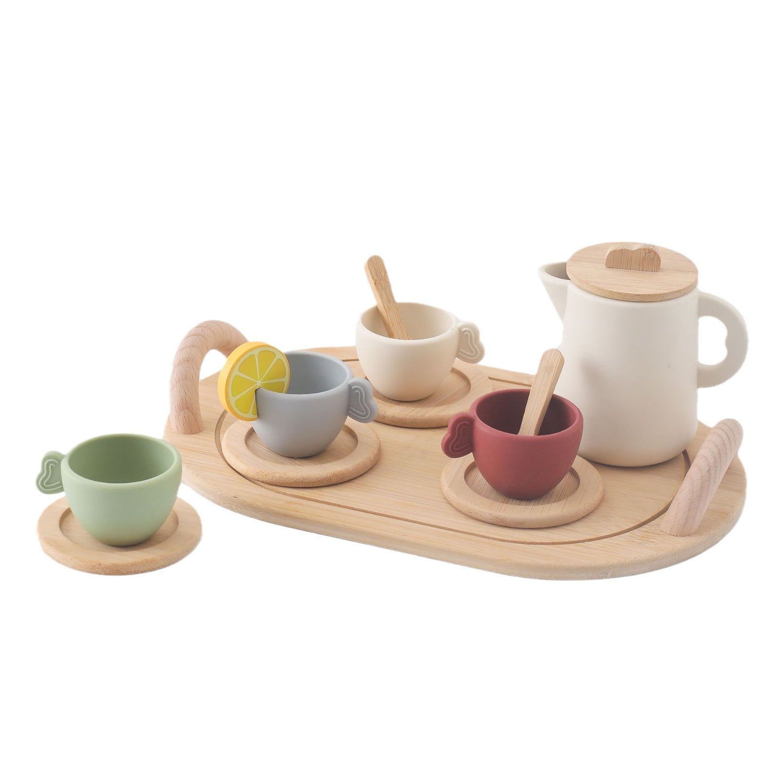 Nordic Style Play Tea Set - Silicone Teapot and Wooden Coasters for Kids, Pretend Play Toy for Ages 3-6