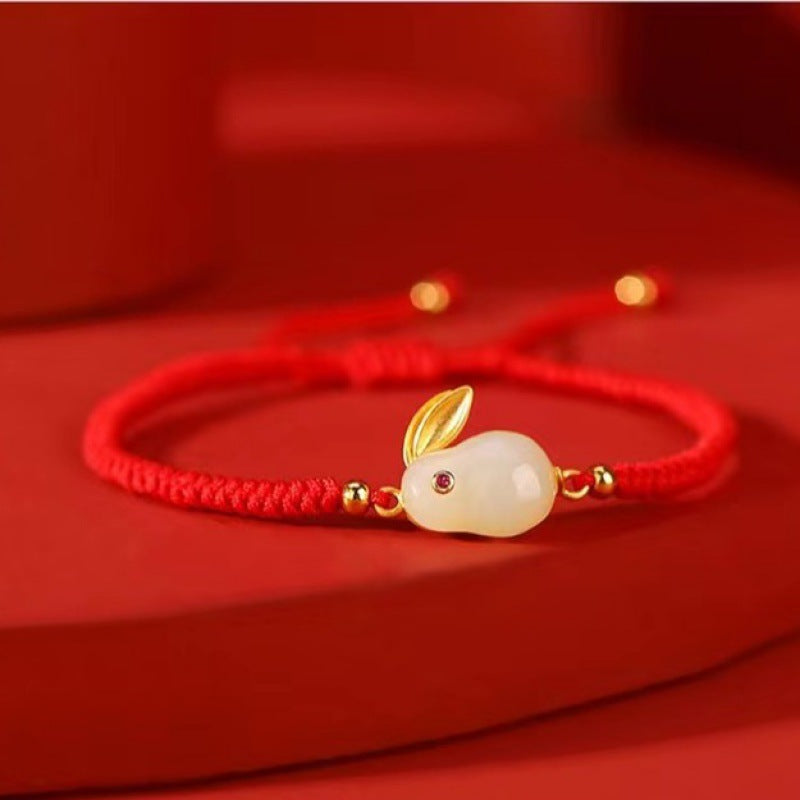 925 Sterling Silver Year of the Rabbit Hetian White Jade Luck Red String Protection Bracelet