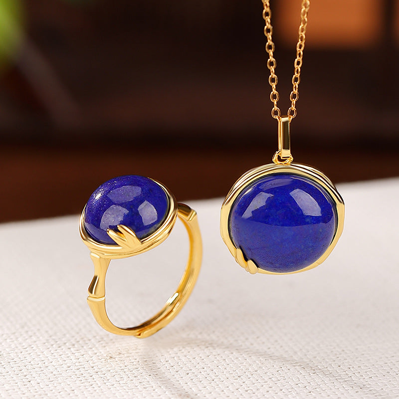 S925 Sterling Silver Gold Plated Lapis Lazuli Round Ring Set - Rings and Necklaces