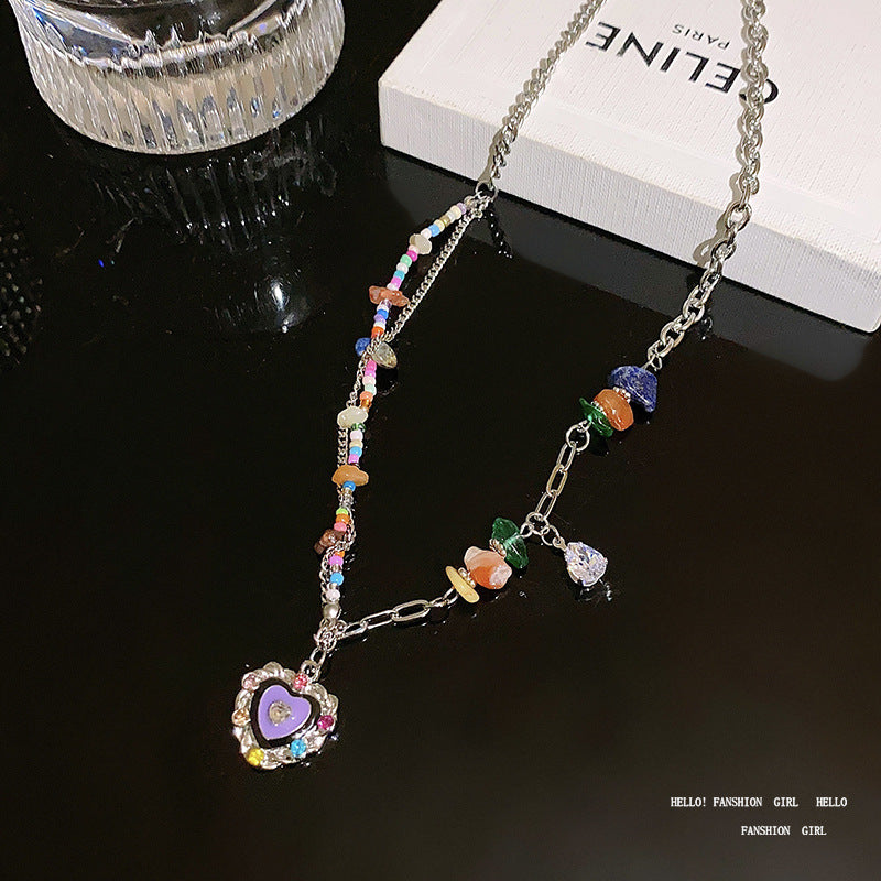 Candy Color Dopamine Necklace - Colorful Heart Pendant Beaded Choker for Women