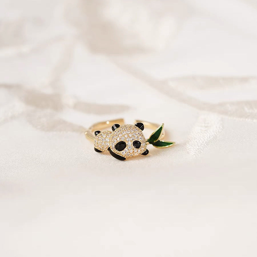 Chinese style cute panda bamboo leaf ring girls ancient Chinese style sweet adjustable ring