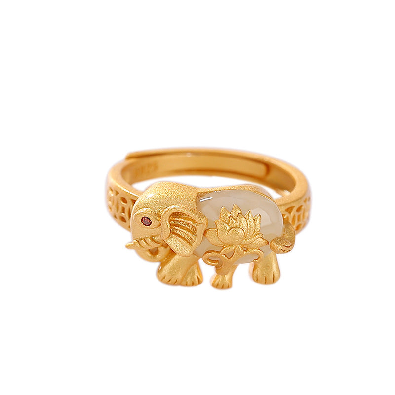 S925 sterling silver gold-plated Hetian jade hollow coin elephant lotus ring  Creative personality auspicious ring