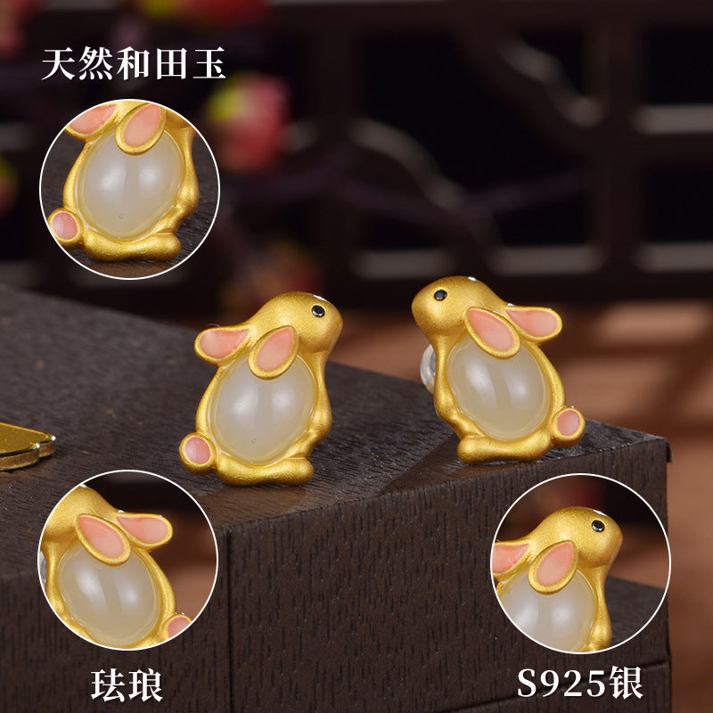 S925 Silver Natural Hetian Jade Rabbit Ear Stud