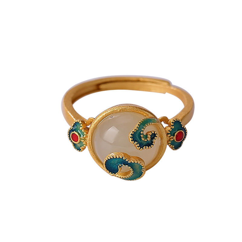 S925 sterling silver gold-plated cloisonne and Hetian jade auspicious cloud and ruyi ring Retro national style