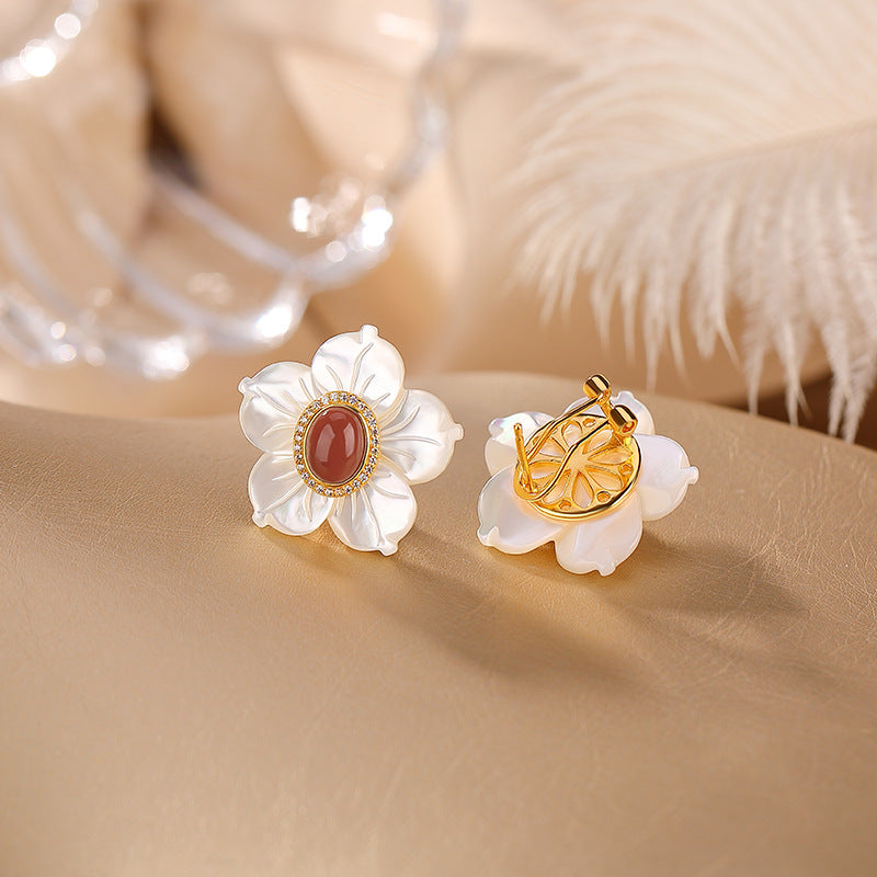 S925 sterling silver gold-plated Hetian Jasper South Red Shell Sunflower Earrings  Light Luxury Fashion Silver Earrings