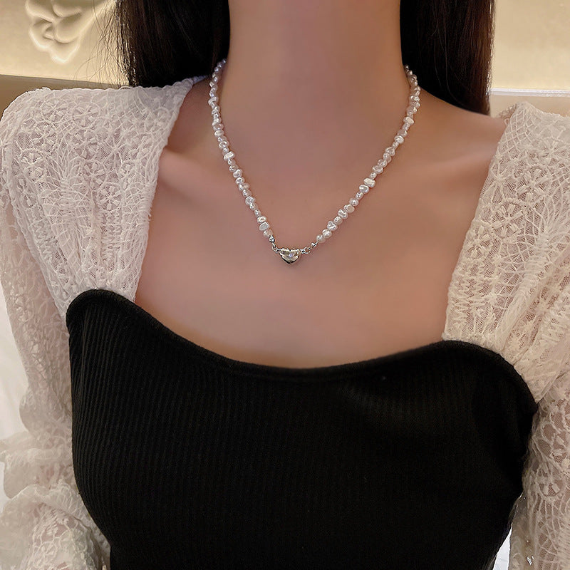 Trendy Baroque Irregular Pearl Necklace - Luxury Magnetic Heart Clasp Choker for Women