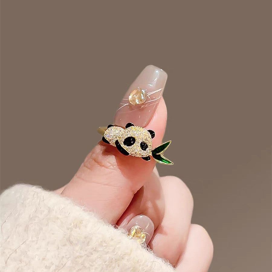 Chinese style cute panda bamboo leaf ring girls ancient Chinese style sweet adjustable ring