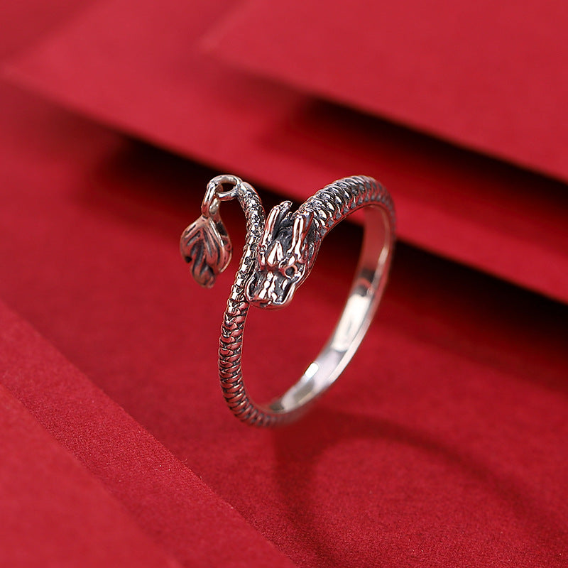 S990 Retro Chinese Zodiac Dragon Ring Personalized Silver Open Ring with Dragon Tail