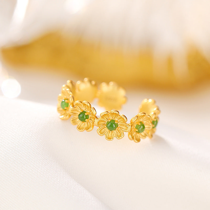 S925 sterling silver gold-plated Hetian jade jasper forest daisy ring | Fresh and cute all-match flower ring