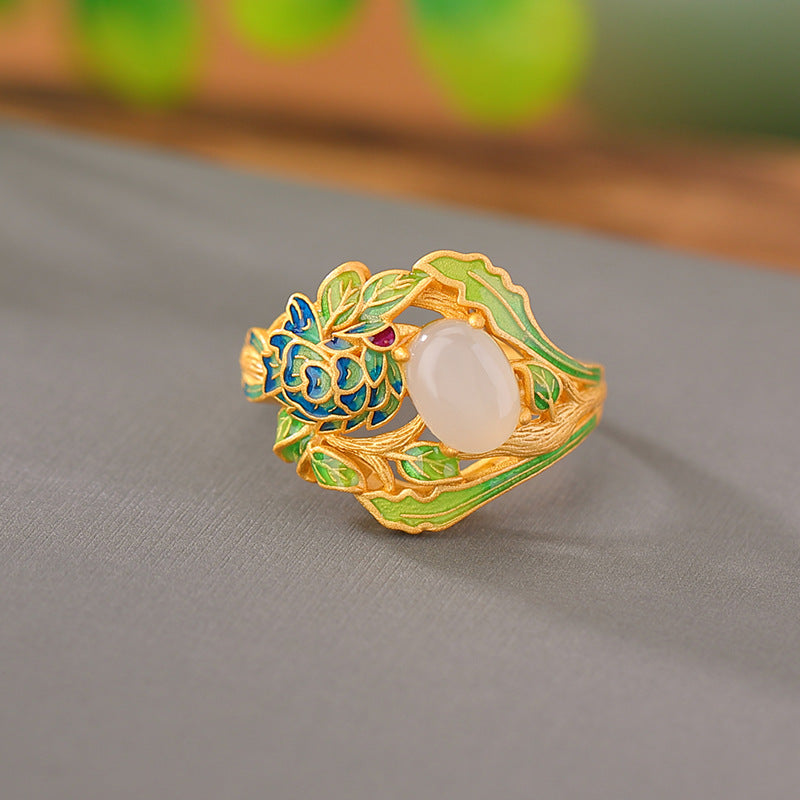 S925 sterling silver gold-plated Hetian jade Qinghai white jade peony ring  National trend enamel flower silver ring