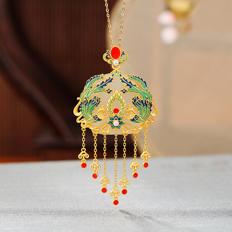 S925 sterling silver gold-plated Hetian jade national tide cloisonne phoenix tassel pendant