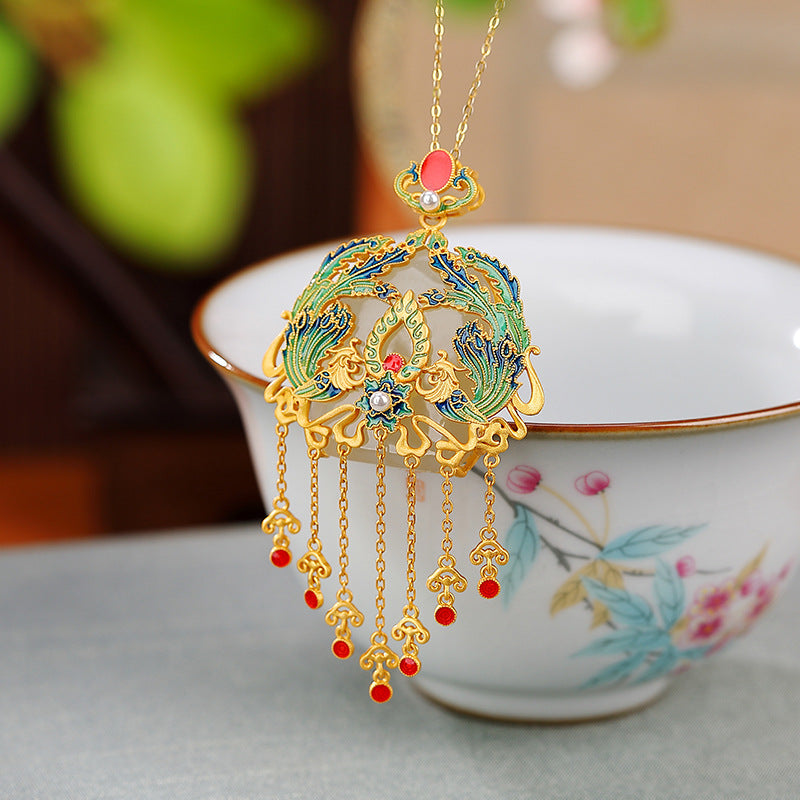 S925 sterling silver gold-plated Hetian jade national tide cloisonne phoenix tassel pendant