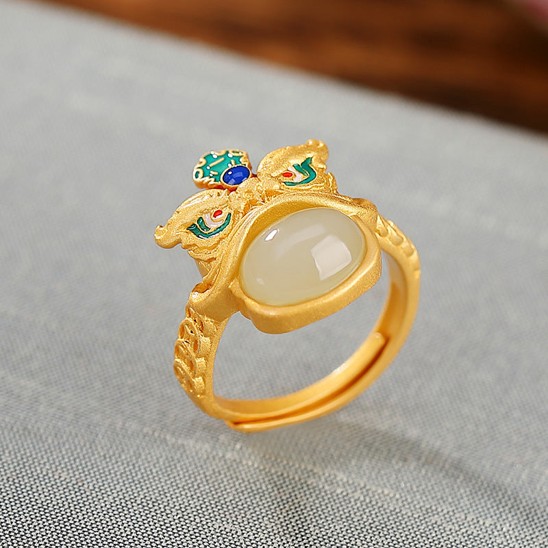 S925 sterling silver gold-plated Hetian jade enamel lion ring  Chinese style open ring  Creative gift